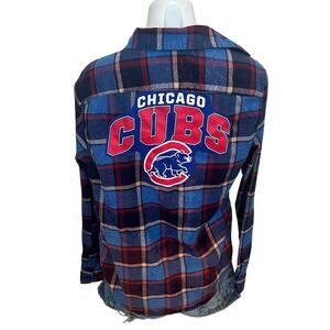 Chicago Cubs Baseball Plaid Flannel Shirt SMALL Oversized Shacket Unique Upcycle